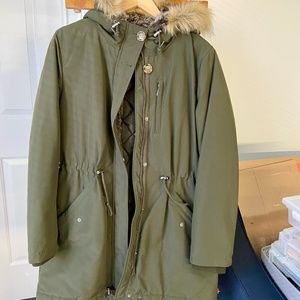 Womens Parka with Faux Fur Trimmed Hood
